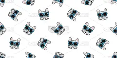 狗无缝图案法国牛头犬矢量太阳镜围巾孤立重复壁纸卡通瓷砖背景白色