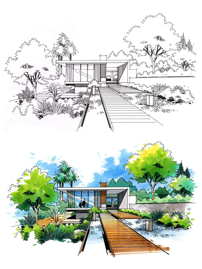 景观建筑马克笔手绘｜一点透视素材