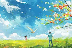 清明踏青放松手绘插画