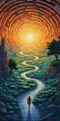 person path of the lost journey fine art print, in the style of mark henson, spiral vortex patterns, greg olsen, erin hanson, expansive landscapes, uhd image, balanced symmetry