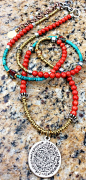 Phaistos Disc Necklace: Long Bohemian Style Red Coral, Turquoise and Silver Medallion Necklace $150: 