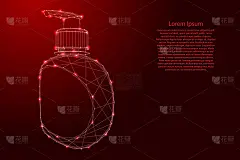 消毒剂泵瓶，洗涤凝胶从未来多边形红线和发光的星星横幅，海报，贺卡。矢量插图。