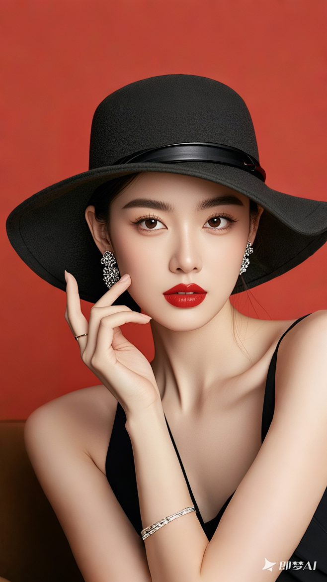 戴帽子的女人 红色简约背景，极致优雅的侧...