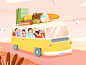 On the way package ball refrigerator road grass seagull surfboard bus travel illustration