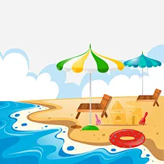 海滩的背景高清素材 椅子 海浪 海滩 游泳圈 白云 遮阳伞 免抠png 设计图片 免费下载