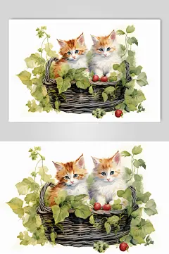 AI数字艺术秋季水果篮子里的小猫咪插画