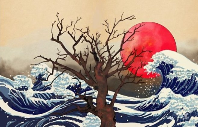 海水沧浪海浪日本浮世绘海啸自然灾害手绘古风