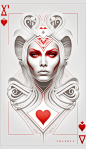 heartcore cyborg queen of hearts poker card, fashion, minimalist, style by Vogue, all white, vertical symmetry