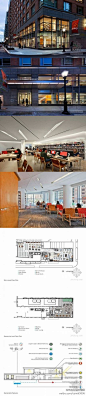 筑龙网建筑师圈：纽约图书馆，1100 Architect设计。这个10500平方英尺的图书馆，占据炮台公园市一个高层住宅楼的底部两层，该项目以满足这个新的、迅速增长的社会需求。作为一个没有根深蒂固的社会使用模式的新的分支，设计建立了吸引游客的关键。http://t.cn/zO2XuMO