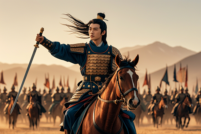 中国一位古代少年将军骑马领军，手拿长剑，带着士兵行军时候的场景，真人实拍，远景