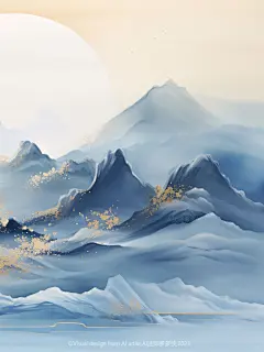 东方美学-鎏金粉蓝|新中式国风山水抽象插画