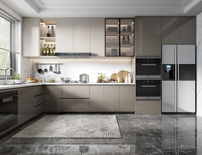 现代厨房 ，厨柜， 装饰品 ，吊柜， 冰箱，抽烟机， 灶台-室内设计-拓者设计吧