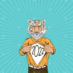 老虎打开了印有2022年字样的t恤。流行艺术漫画风格。手绘矢量插图。