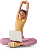 3D girl stretches with a laptop on her feet插图，PNG、SVG格式。