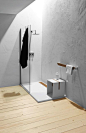 Baño sencillo con una pared de cristal en esquina en tonos grises y blancos: 