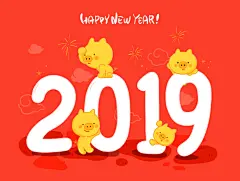 萌萌金猪 红色背景 创意字体 2019新年插图插画设计AI tid305t000755