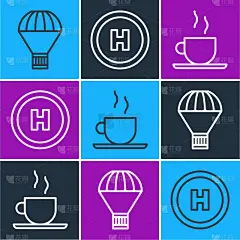 设定线盒飞行降落伞，咖啡杯和直升机降落台图标。向量