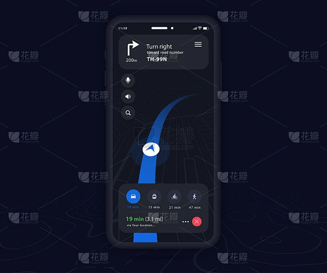 智能手机地图GPS导航3d app暗模式ux ui概念，手机地图应用，app搜索地图导航，科技地图，-花瓣网