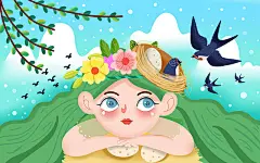 春天春分春分春天春彩色卡通手绘春天三月春姑娘原创插画海报春天人物