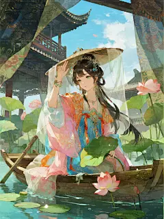碧沼凝光暑气微，粉荐红妆摇翠帷。 云垂绮陌烟绡薄，水映娉婷半遮纱。 罗袜凌波惊鹭起，霓裳擎露带香归。 一池星斗沉还跃，半入箜篌半入扉。 ﻿#唯美意境﻿ ﻿#寻找小红书绘画大神﻿ ﻿#国风才是顶级浪漫﻿ ﻿#夏日﻿ ﻿#蓝天﻿ ﻿#荷花池﻿ ﻿#荷花﻿ ﻿#古风插画﻿ ﻿#人物插画﻿ ﻿#古风﻿ - 小红书