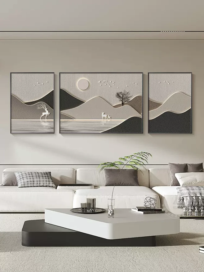 现代简约沙发背景墙装饰画金山福禄客厅三联挂画轻奢高级感壁画-tmall.com天猫-花瓣网
