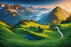山川景色晴空草坪画作山峰场景插画图片