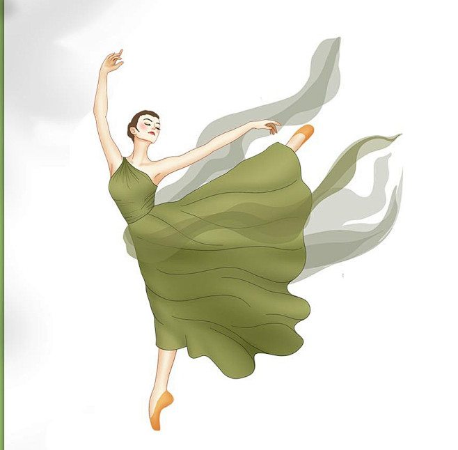 绿色手绘优美舞蹈表演动作人物女孩元素插画