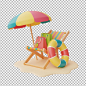 夏季销售与沙滩椅伞和彩色充气环隔离在白色背景夏季海滩元素3d 渲染