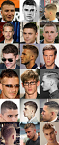 Men #hairstyle #haircut (No!! Sideburns/Whiskers. Tapered side - Top layer a bit long and cut at angle), the back and sides clipped very close (or shaved) and tapered so that scalp is plainly visible. The hair on the top of the head is a bit longer. A goo