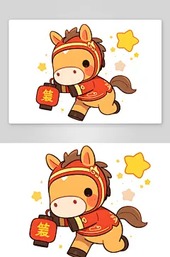灯笼鞭炮2026年扁平化简笔画马年新插画