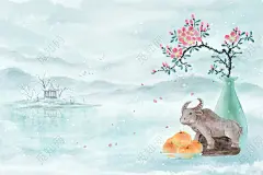 春天春分春暖花开中国风水墨唯美雪景新春牛年橘子杜鹃冬天山水风景插画海报背景