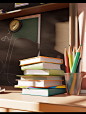 a set of school supplies and books with a blackboard in the background, in the style of daz3d, colorful animation stills, design/architecture study, rendered in unreal engine, bengal school of art, engineering/construction and design, light brown and whit