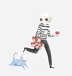 遛猫的人高清素材 卡通 女人 手绘 插画 猫咪 蓝色 跑步 免抠png 设计图片 免费下载