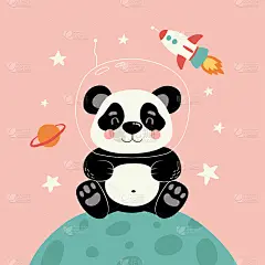 戴着头盔和火箭的可爱熊猫。卡通矢量插图。可用于t恤印花、儿童服装时尚设计、宝宝送礼会请帖、托儿所、儿