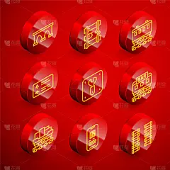 设置铁路桥梁，铁路断轨，客车，道路交通指示牌，维修，餐厅，货车和电子车票图标。向量