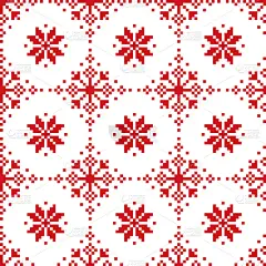 圣诞节冬季矢量无缝红色和白色图案-北欧和北欧的十字绣雪花设计