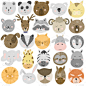 手画可爱动物的脸(熊，鹿，熊猫，浣熊，斑马，兔子，树懒，马，猫，狗等)的集合，手画在白色背景孤立