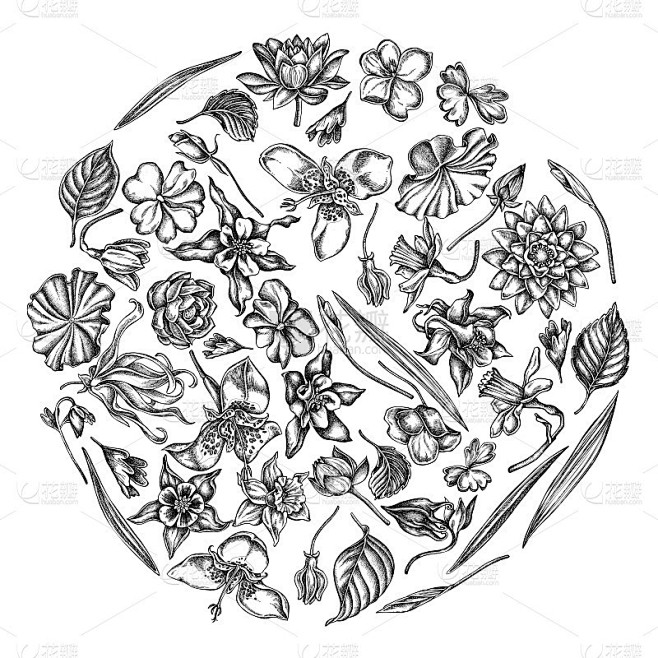 Round floral design with black and white ylang-yla