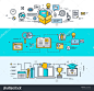 Thin line flat design concept banners of online education, video tutorials, training courses, ebook, the online university. The Vector illustrations for website banners, promotional materials, education app.-教育,科技-海洛创意(HelloRF)-Shutterstock中国独家合作伙伴-正版素材在线