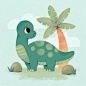 a green dinosaur standing next to a palm tree