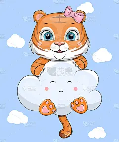 一个可爱的卡通小老虎在天空的云上飞翔。