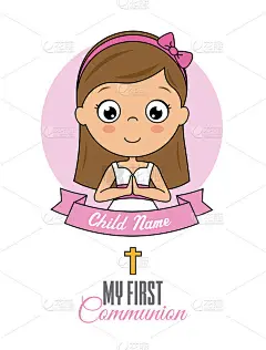 第一次领圣餐的名片。祈祷的女孩