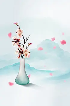 浅色唯美水彩风格传统二十四节气桃花花卉山水海报背景素材