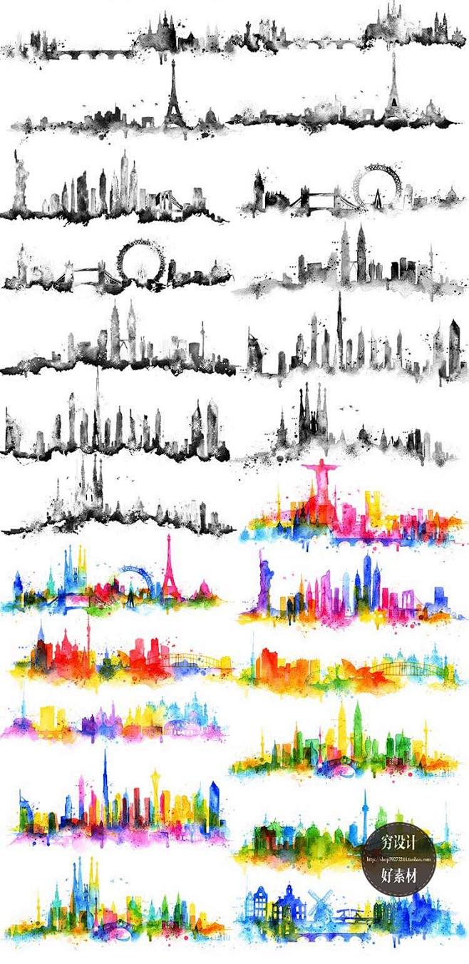 绚丽水彩水粉各国家建筑地标剪影水彩城市P...