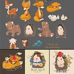 狐狸兔子花卉植物森林小动物卡通手绘水彩AI矢量插画素材模板-淘宝网