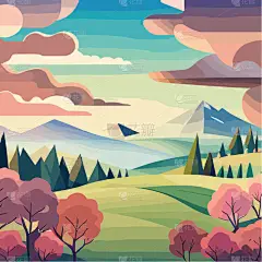 平坦的自然景观,绿植物,花卉,高山.春天的风景。矢量海报插图