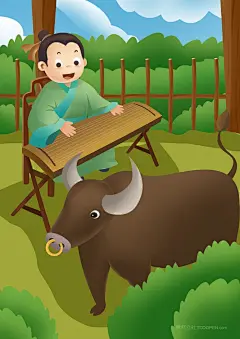 手绘175128_成语故事对牛弹琴卡通插画