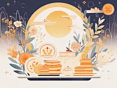 中秋满月糕点月饼茶插画卡通唯美手绘可爱古风插画壁纸