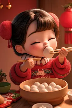 吃元宵节吃汤圆的毛毡卡通娃娃