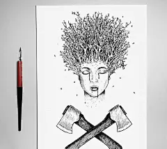 大神的黑白插画，太喜欢了！ : 他非常喜欢黑色，一般用笔和墨水来创作，独特的创作理念和构图方式，大大的拉伸了画面的空间感。